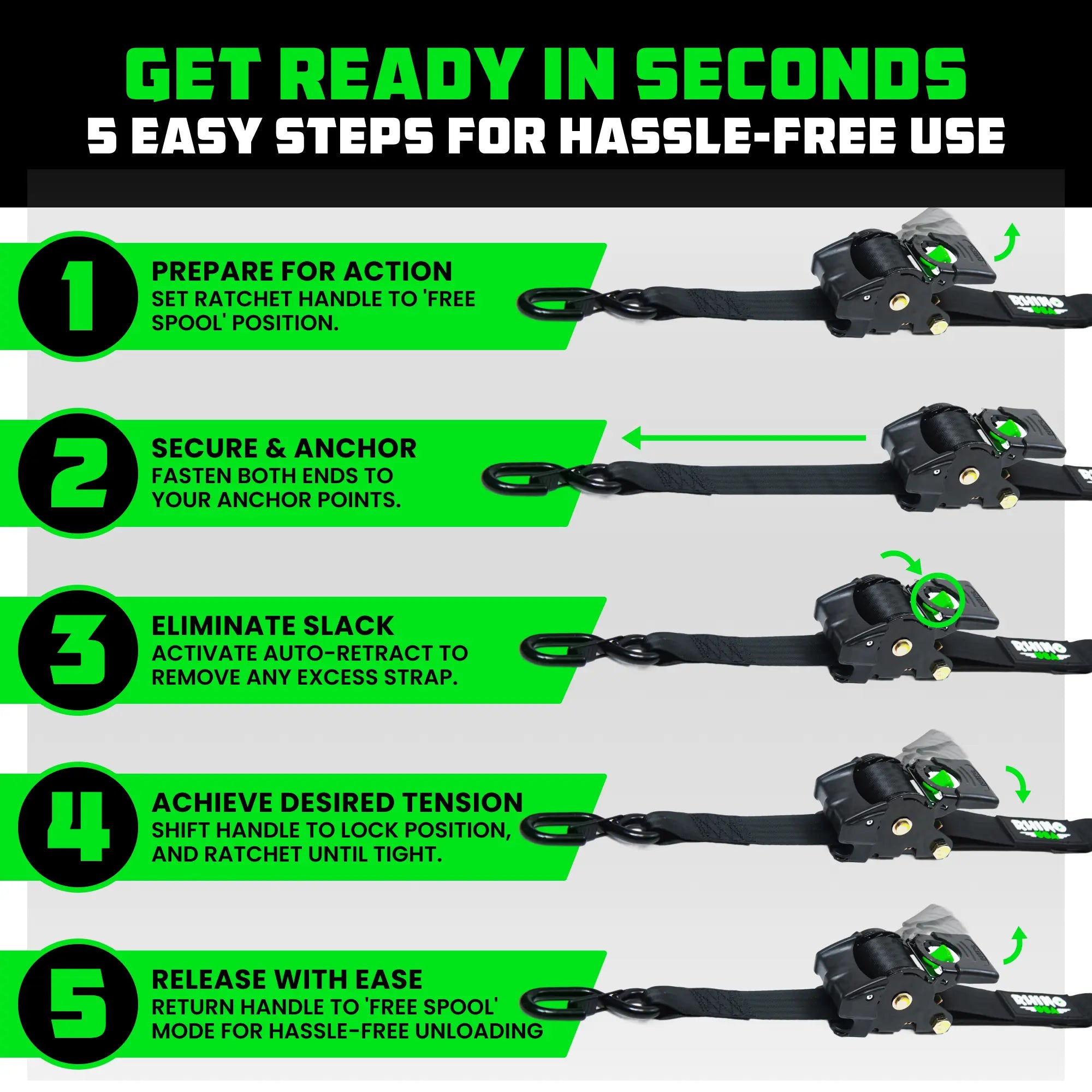 Rhino USA Retractable Ratchet Straps